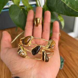 Tiger Eye Stone Gold Plated Cuff Bracelet & Ring Set